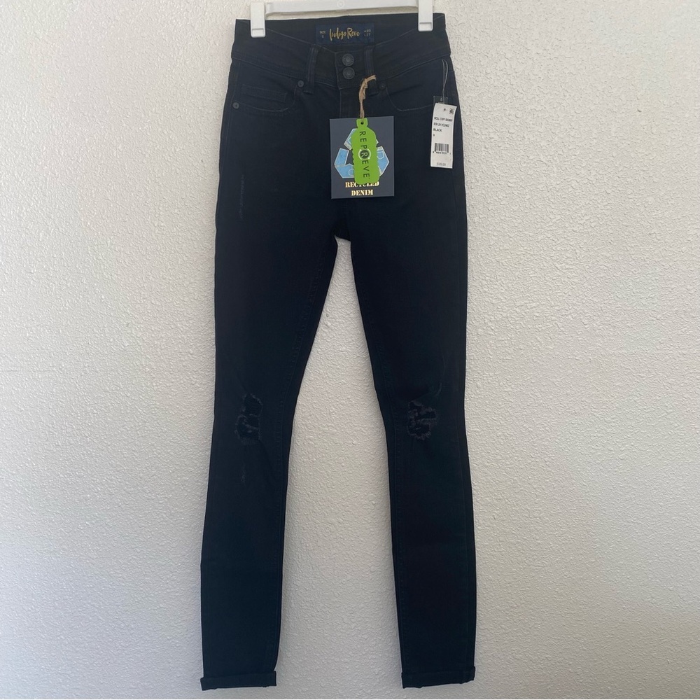 Indigo Rein New Size 23 Black High Rise Rolled Hem Skinny Jeans Distress Knees